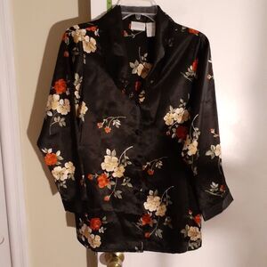 adonna kimono pajama top. short black floral satin robe xs bathrobe
